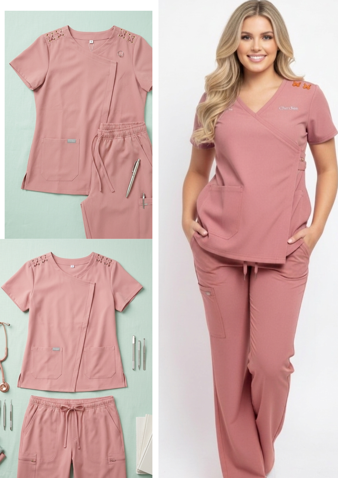 Rose Pink Asymmetric Wrap Scrub pant