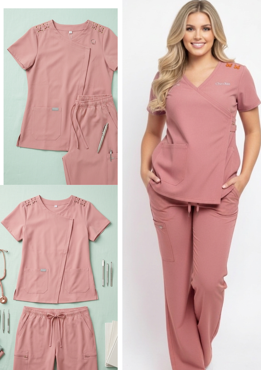 Rose Pink Asymmetric Wrap Scrub Set